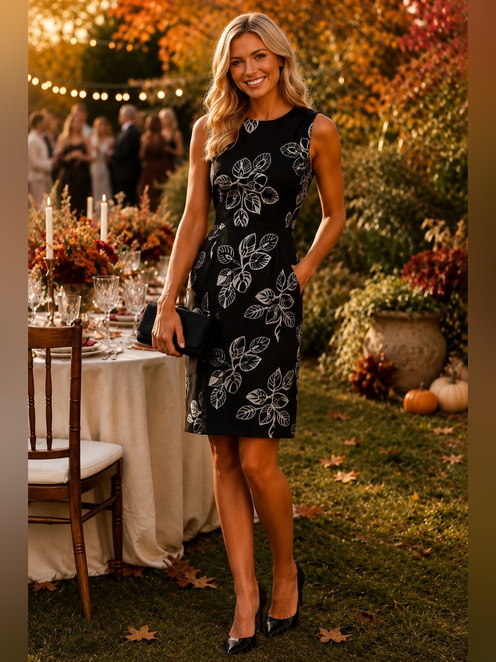 Monsoon Black Embroidered Leaf Sheath Dress Sleeveless Cocktail Party 6 M Luxury